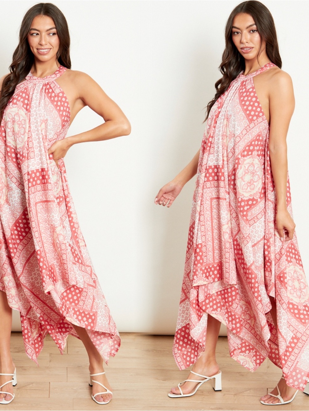 Sleeveless Pink Patchwork Halter Midi Dress